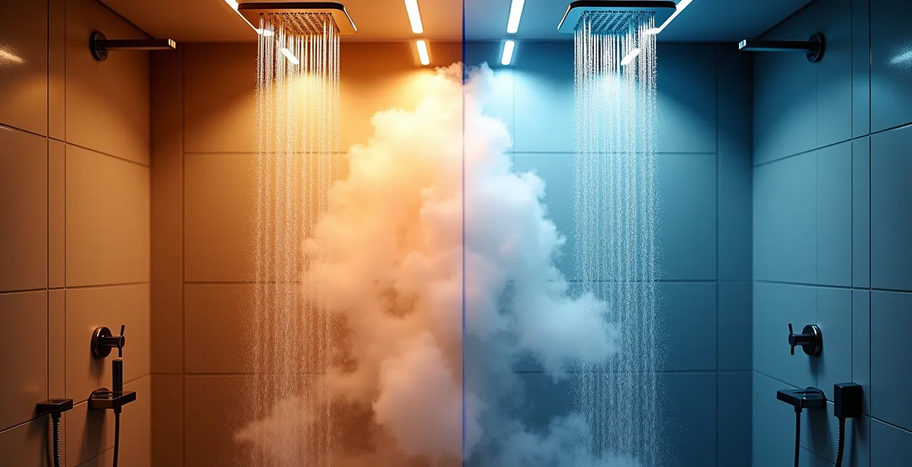 Cabine de douche moderne avec contraste visuel entre vapeur chaude et gouttes d'eau froide