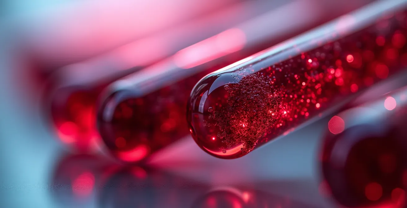 Gros plan artistique sur des tubes d'analyse sanguine avec reflets colorés