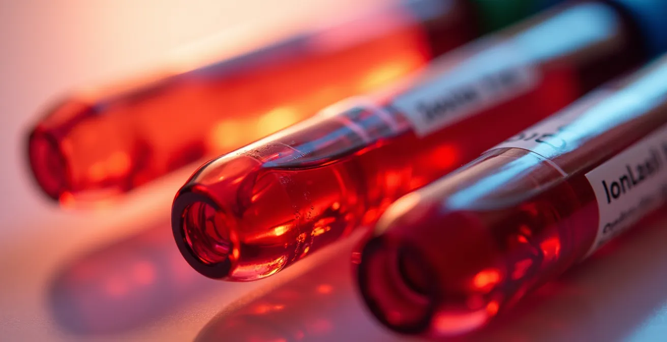 Vue macro de tubes d'analyses sanguines avec reflets colorés abstraits