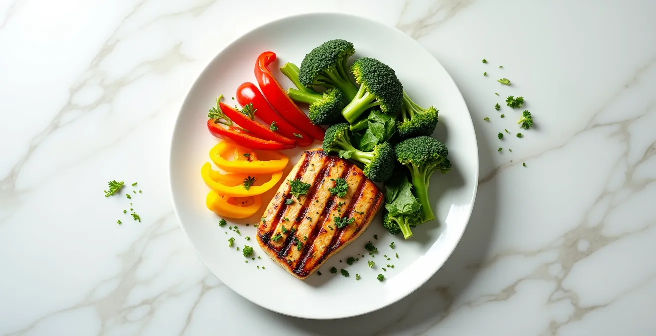 Vue aérienne d'une assiette composée avec une proportion visuelle de trois quarts de légumes verts pour un quart de protéines.