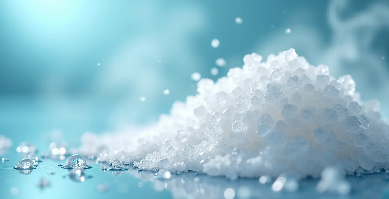 Cristaux de sel d'Epsom en macro avec vapeur d'eau suggérant la détente thermale et la relaxation musculaire.