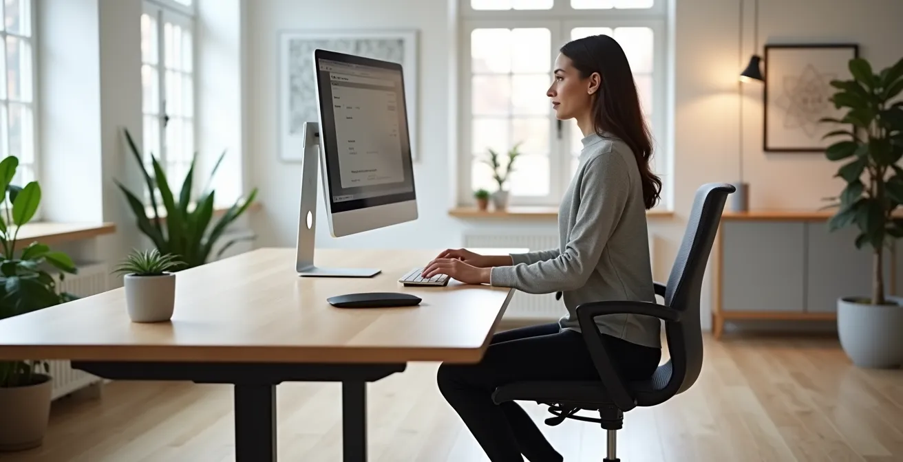 Bureau moderne ajustable en hauteur montrant l'alternance entre position assise et debout dans un environnement de travail épuré