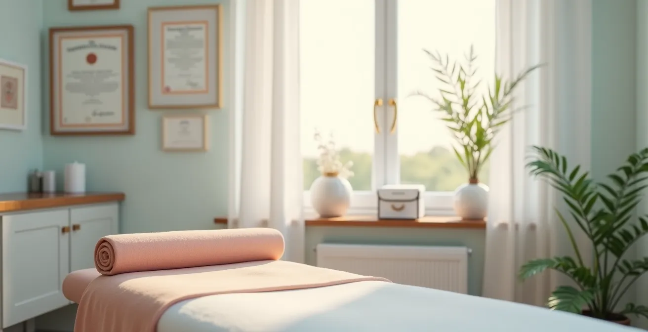 Cabinet d'acupuncture moderne avec équipement stérilisé et certificats professionnels flous en arrière-plan