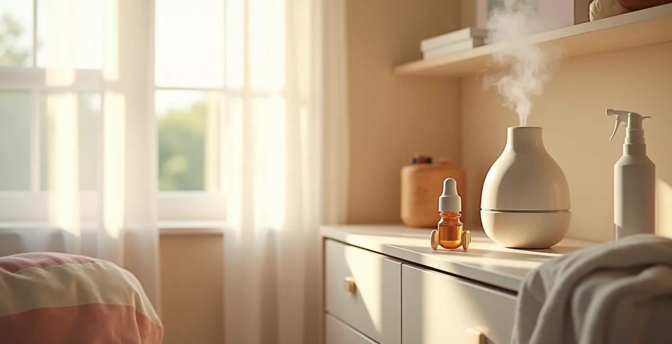 Chambre d'enfant apaisante avec diffuseur d'hydrolat sur étagère, sans présence d'huiles essentielles dangereuses