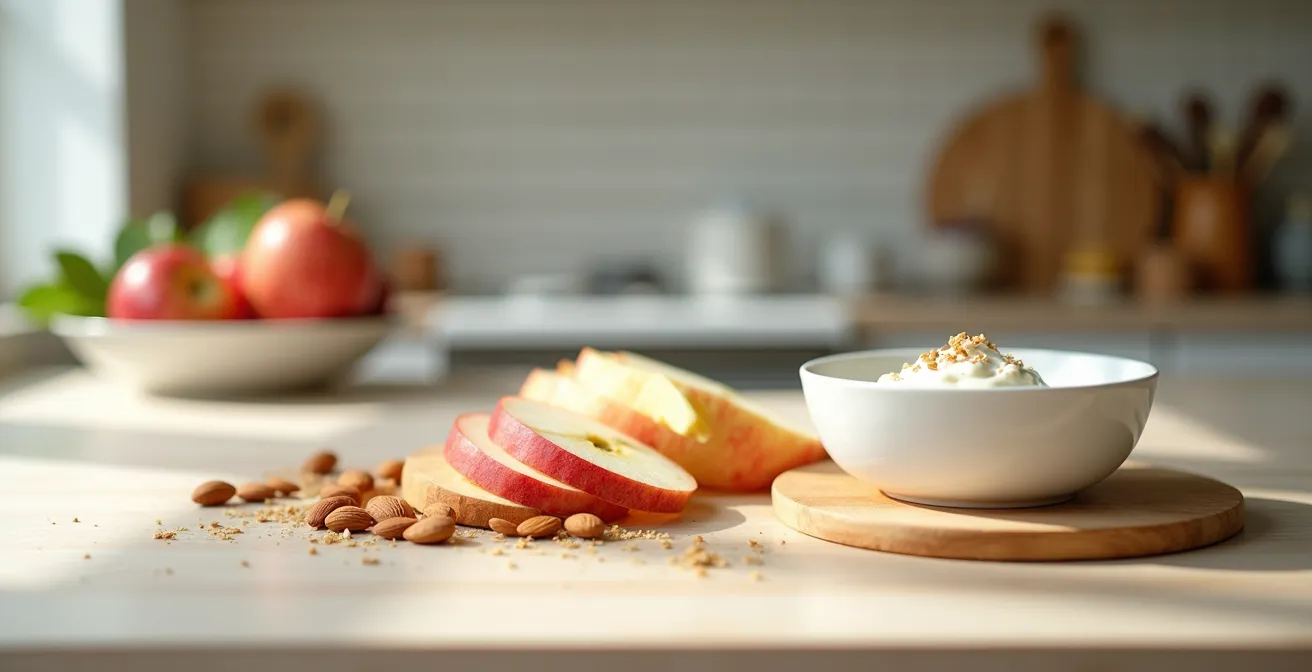 Composition minimaliste de collations saines avec fruits frais et noix dans un environnement épuré