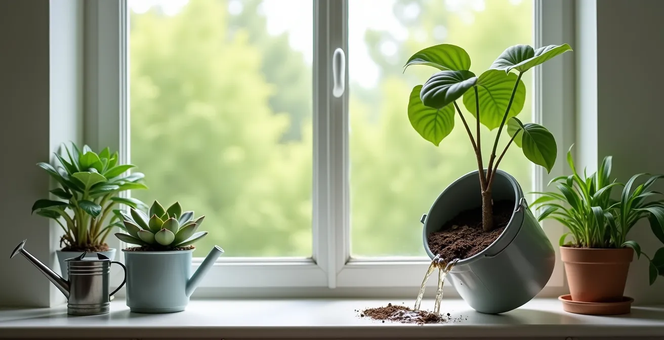 Métaphore visuelle comparant une prise quotidienne de vitamine D (plante saine) à une mégadose (plante noyée et flétrie).