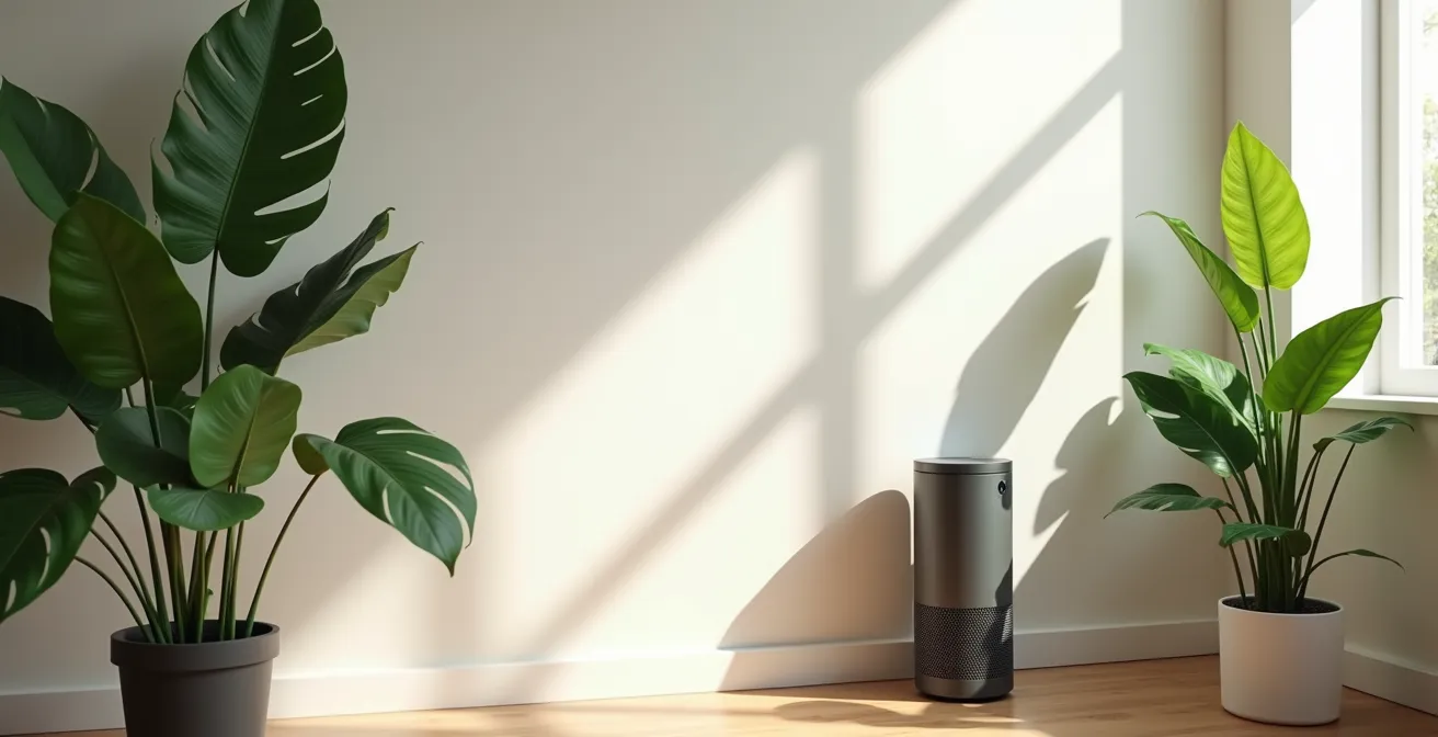Salon moderne avec purificateur d'air HEPA et plantes vertes disposées harmonieusement