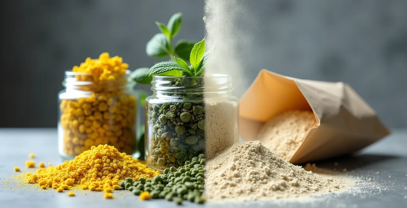 Comparaison visuelle entre plantes médicinales en vrac de qualité et tisanes en sachets industriels