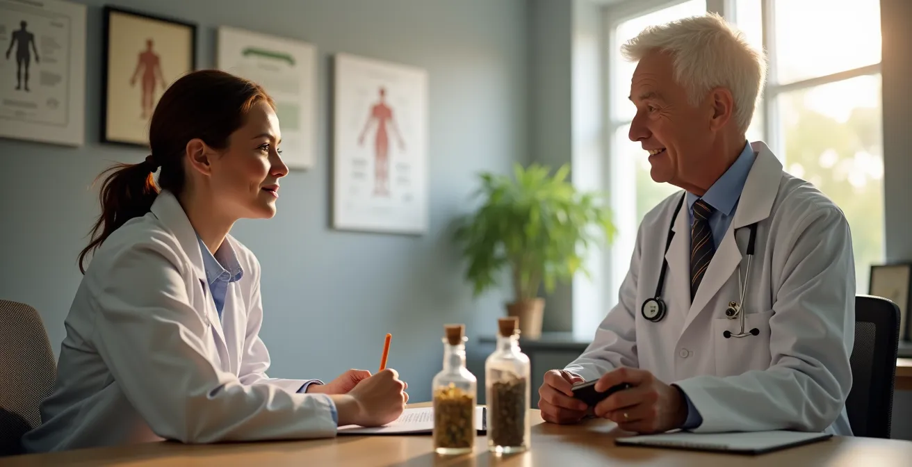 Patient et médecin échangeant dans un cabinet médical avec des plantes médicinales sur le bureau