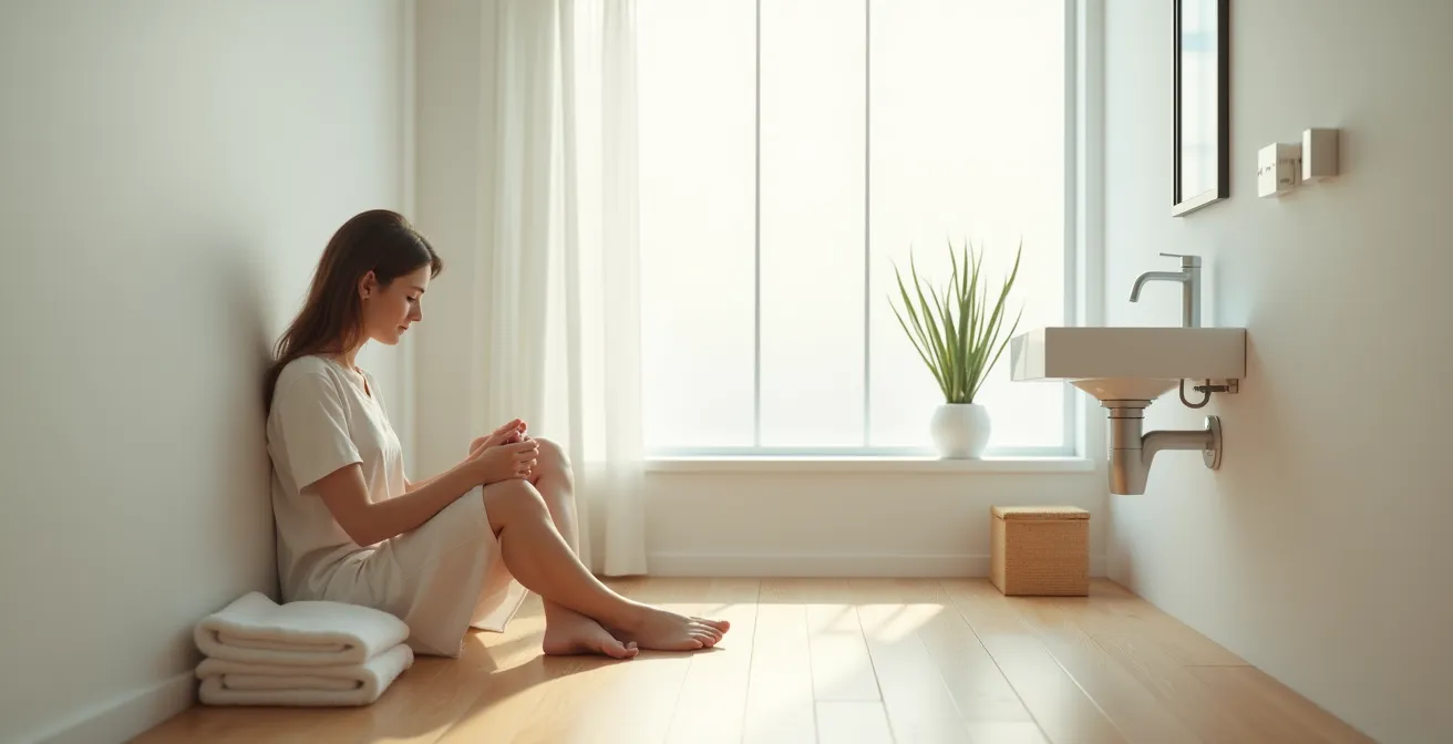 Personne examinant attentivement ses pieds dans un environnement lumineux et apaisant