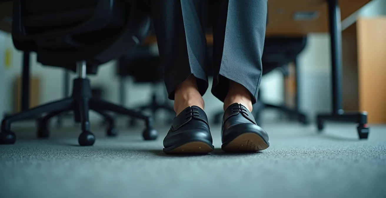 Gros plan sur les jambes sous un bureau montrant des mouvements subtils d'activation musculaire