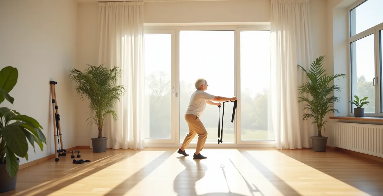 Une femme senior active réalise des exercices avec des bandes de résistance dans un salon lumineux et épuré.