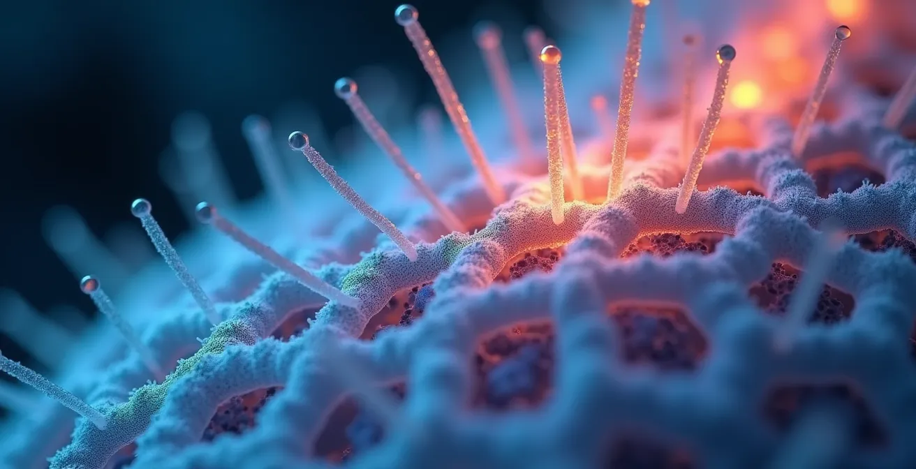 Vue microscopique du tissu conjonctif fascia avec fibres de collagène tordues par l'aiguille d'acupuncture
