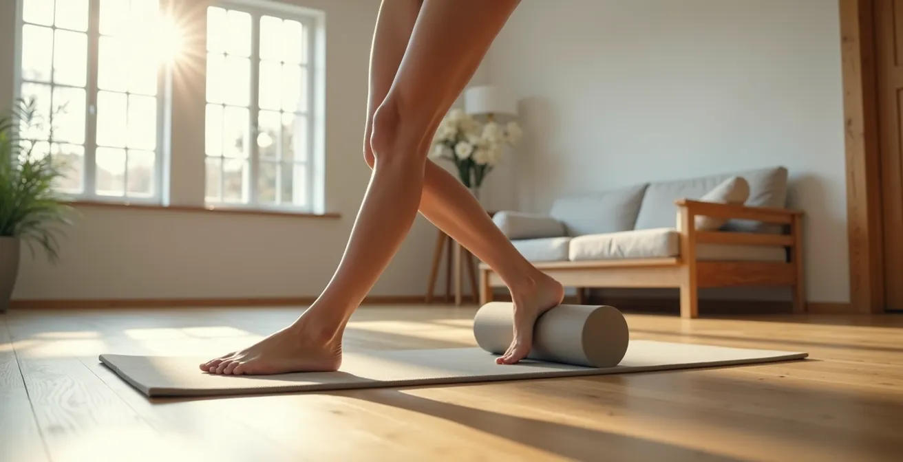 Vue large d'une personne utilisant un rouleau de massage sur les fascias de la cuisse dans un environnement épuré