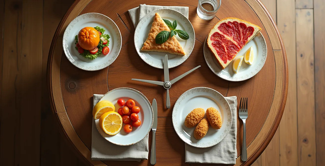 Assiettes disposées en cercle représentant les repas selon l'horloge circadienne