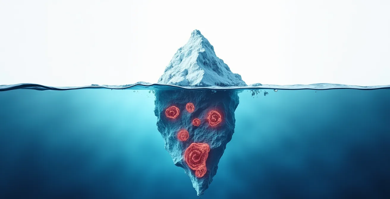 Métaphore visuelle d'un iceberg médical représentant les pathologies asymptomatiques
