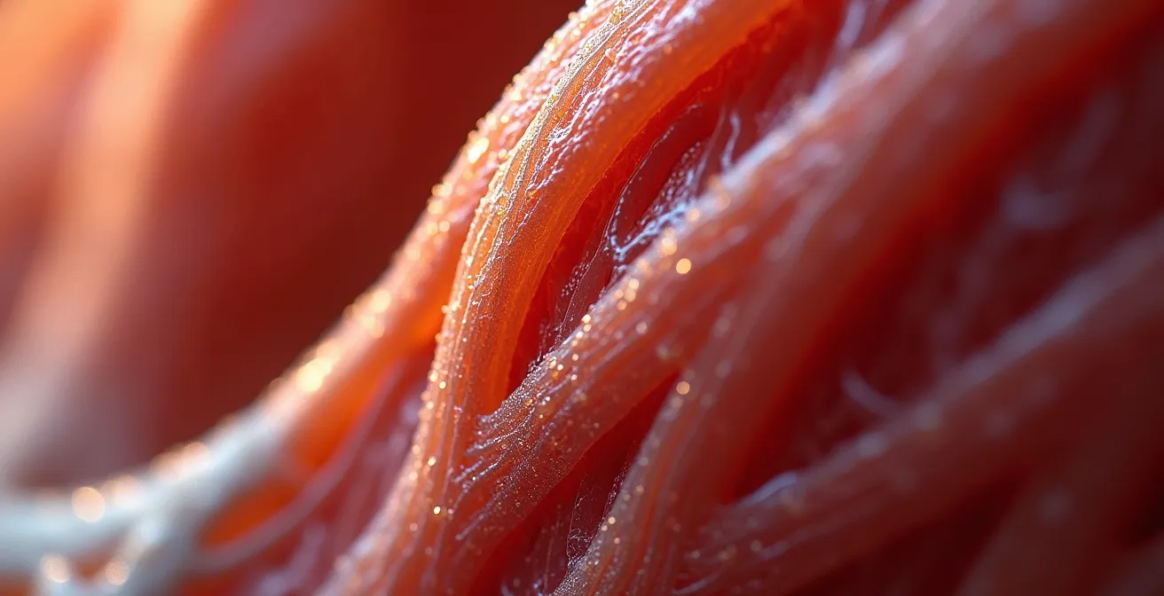 Vue macro de muscles en mouvement avec représentation abstraite du glucose