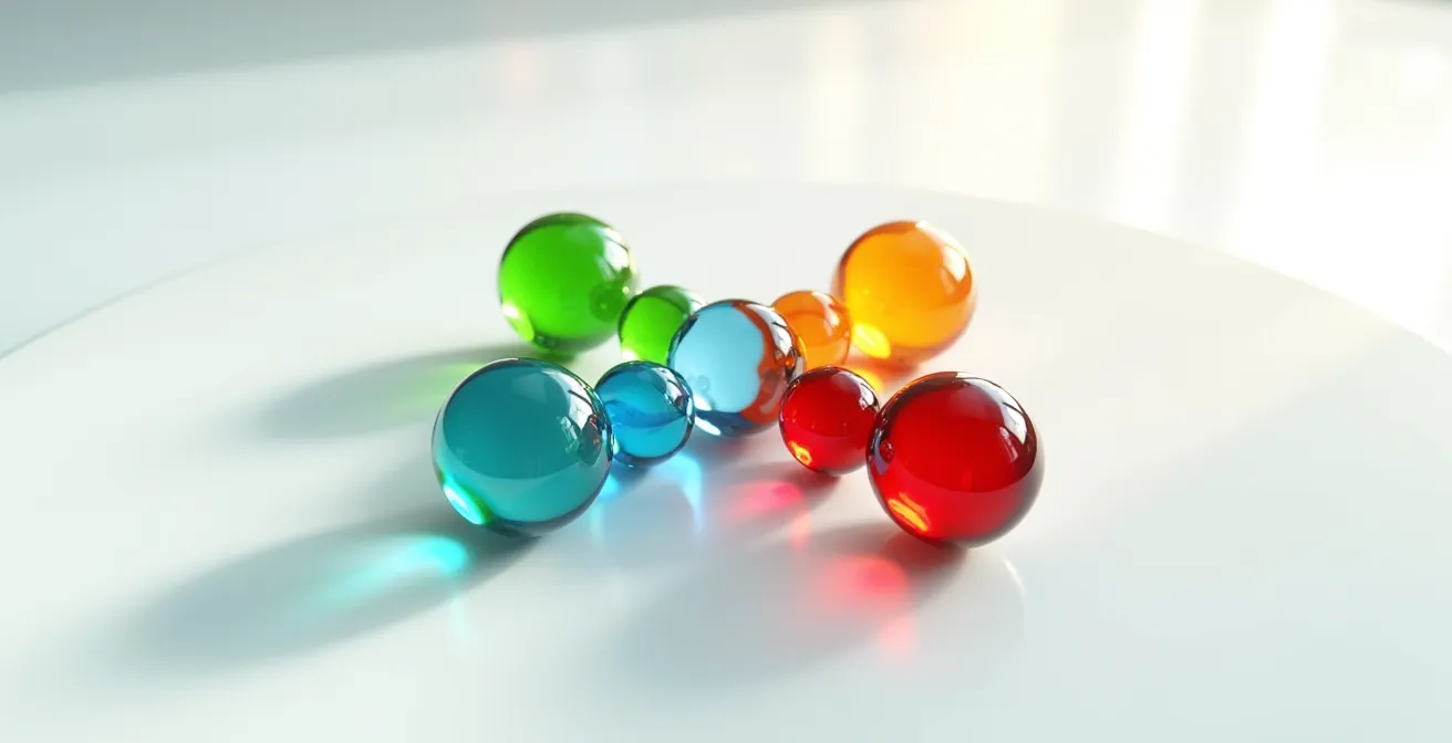 Graphique bioélectronigramme en 3D montrant les 4 zones de santé avec des sphères colorées représentant différents états biologiques
