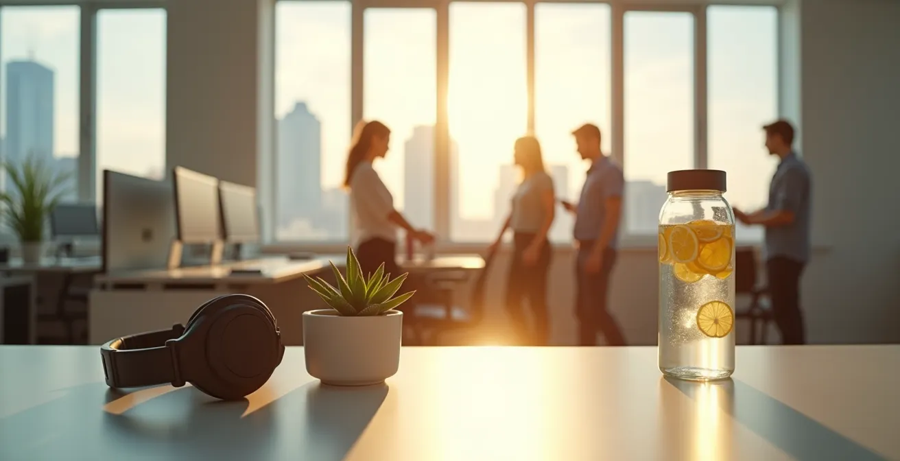Espace de travail moderne intégrant des éléments naturels pour réduire le stress
