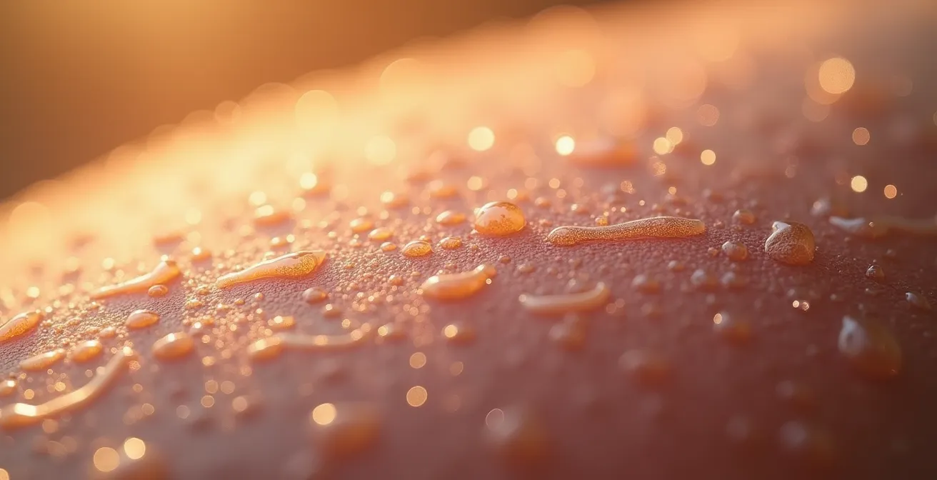 Vue macro de la surface de la peau montrant l'écosystème protecteur et l'équilibre fragile du microbiote.