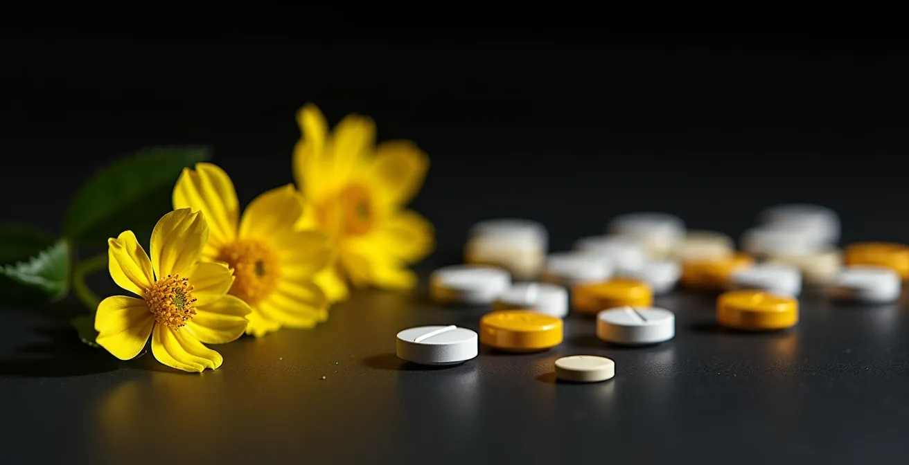 Fleurs de millepertuis avec représentation symbolique des interactions médicamenteuses