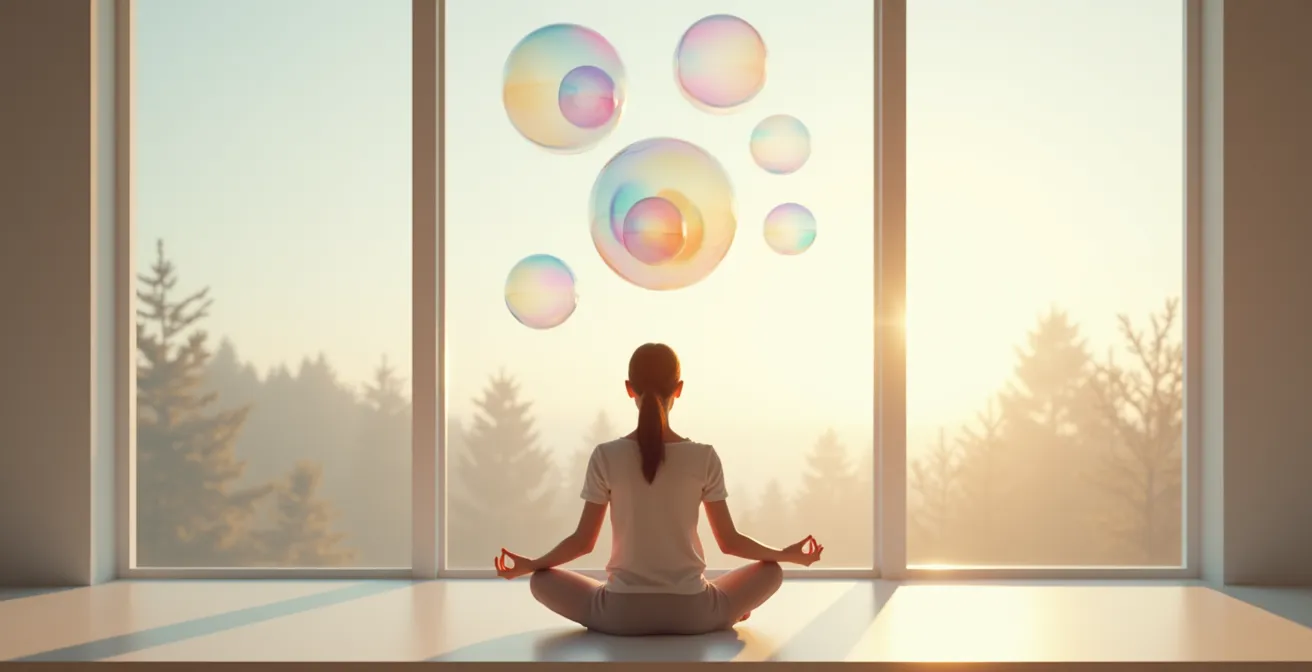 Représentation métaphorique des pensées comme des bulles flottantes observées avec détachement
