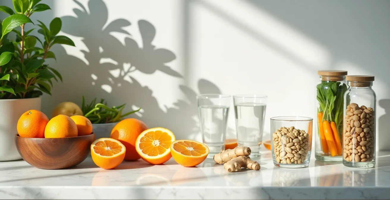 Table avec aliments riches en zinc et vitamine C organisés pour la préparation pré-opératoire