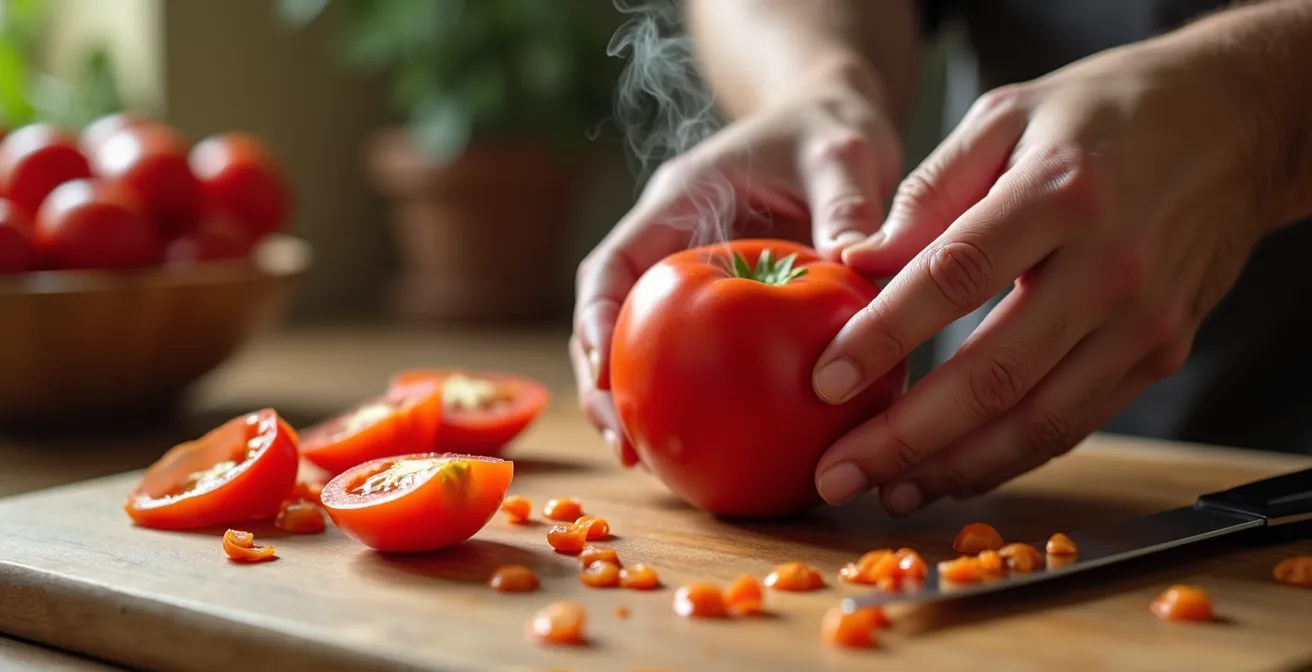 Tomates pelées et épépinées en préparation avec ustensiles de cuisine