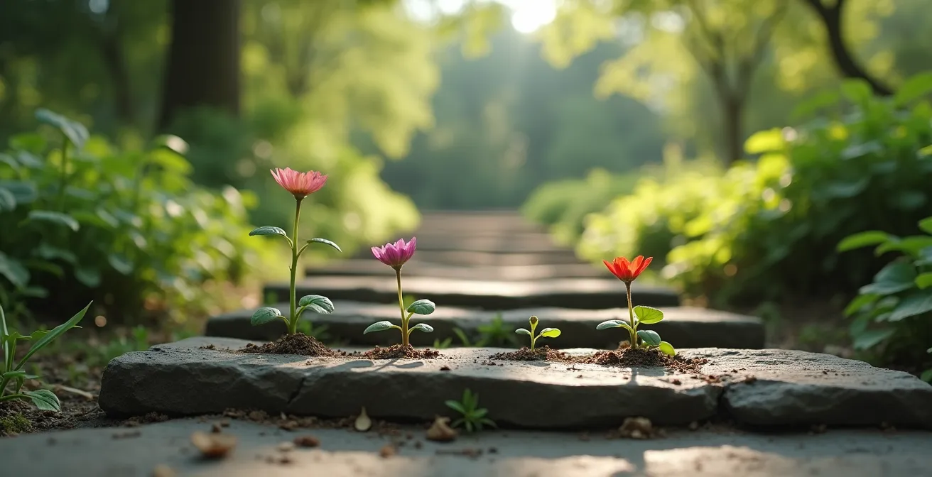 Escalier naturel en pierre avec plantes grimpantes symbolisant la progression