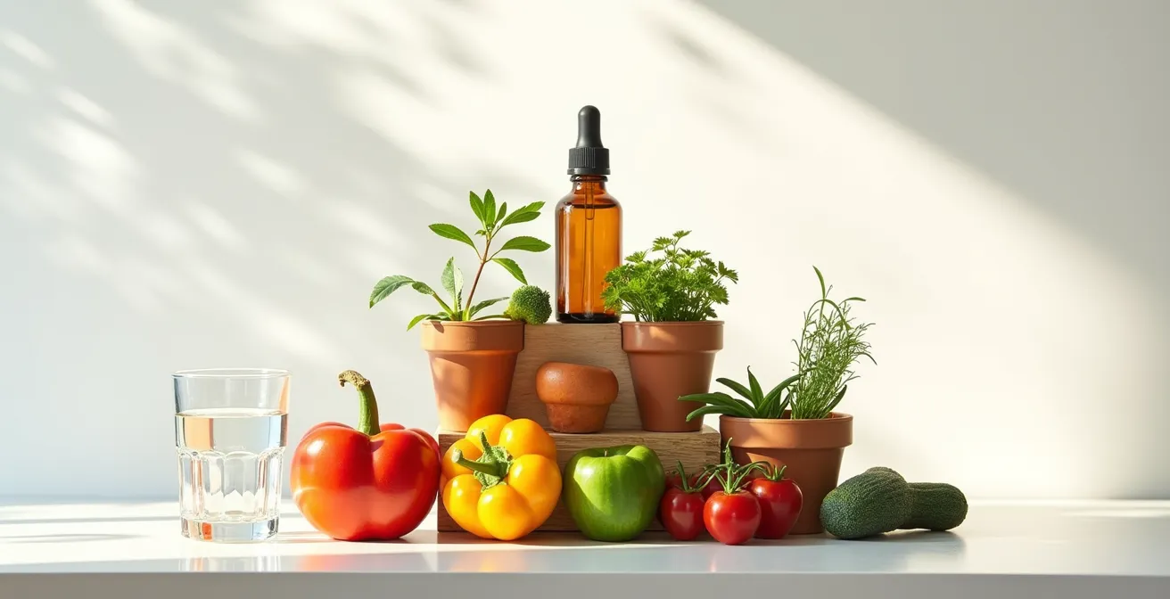 Pyramide visuelle montrant les niveaux d'investissement santé en naturopathie : la base est l'hygiène de vie, le sommet les compléments.