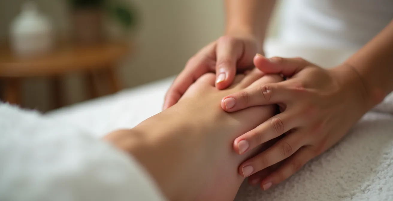 Séance de réflexologie plantaire montrant le travail précis des pouces sur la voûte plantaire