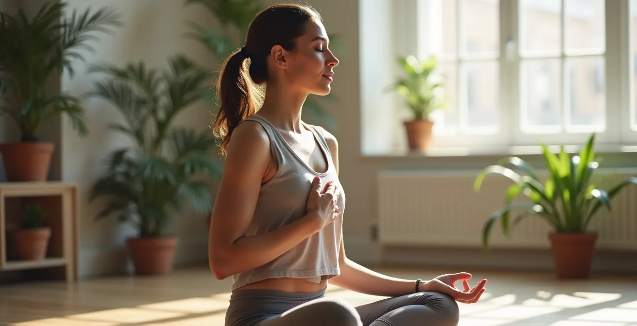 Personne pratiquant la respiration diaphragmatique, main posée sur le ventre, dans un environnement apaisant