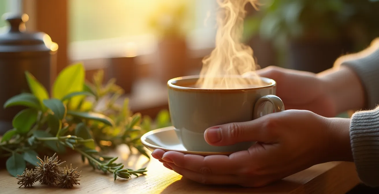 Gros plan sur des mains préparant une tisane, symbolisant les micro-habitudes santé intégrées au quotidien.