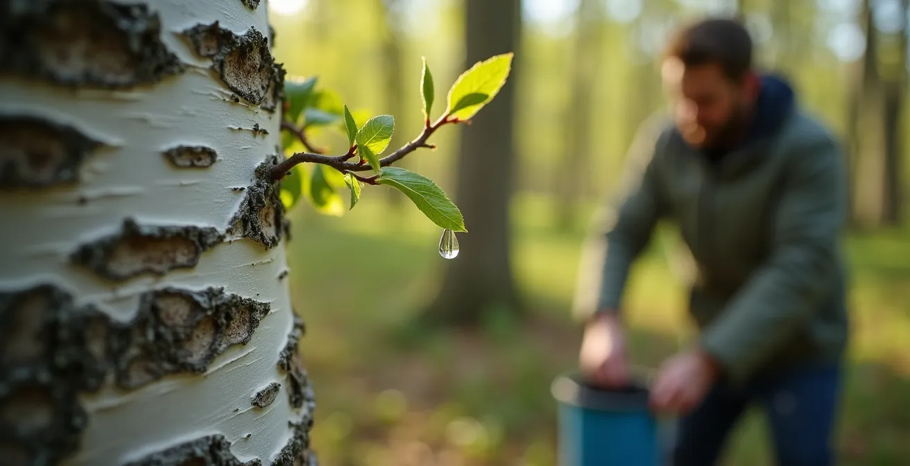Forêt de bouleaux au printemps avec détail de récolte traditionnelle de sève