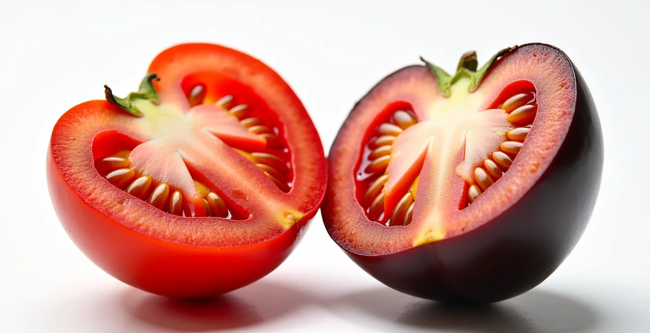 Coupe transversale de tomates et aubergines montrant leur structure interne