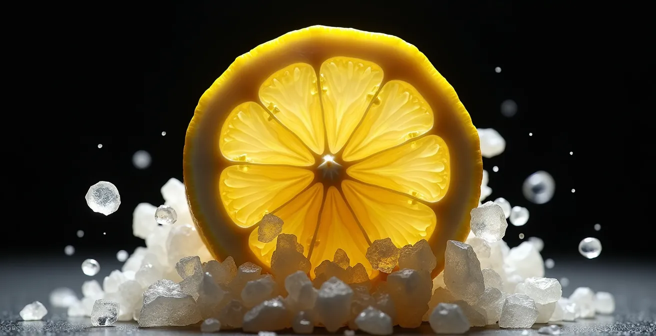 Coupe transversale de citron avec cristaux de minéraux alcalins visibles symbolisant sa transformation métabolique.