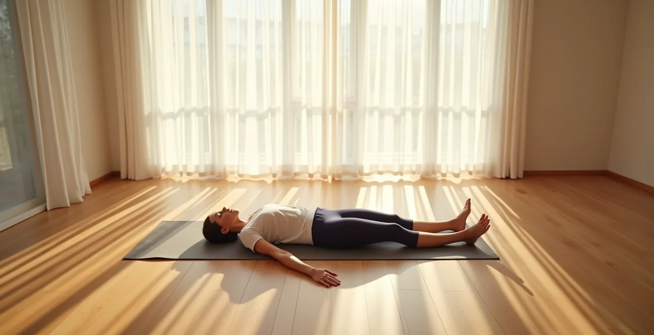 Vue aérienne d'une personne en position Savasana dans un espace minimaliste et apaisant